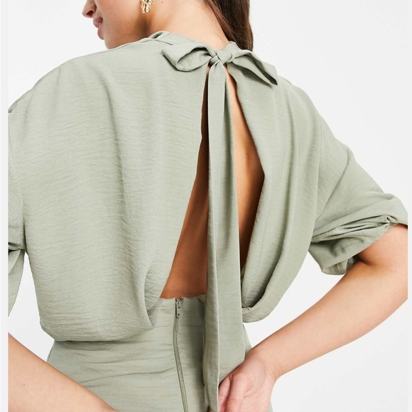 ASOS Cowl Neck Skate Midi Dress w/ Open Back - Sage Green - Size 4 - Picture 6 of 7